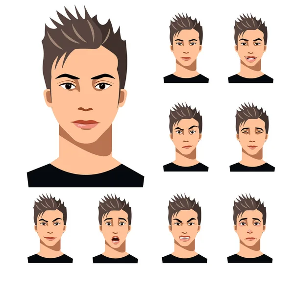 Atractivo joven de pelo en la colección de expresiones faciales diferentes — Vector de stock