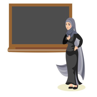 Karatahta önünde duran Müslüman kadın öğretmen