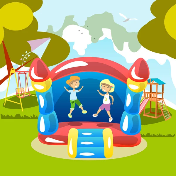 Jumping on a trampoline Kids Outdoor — Stock Vector