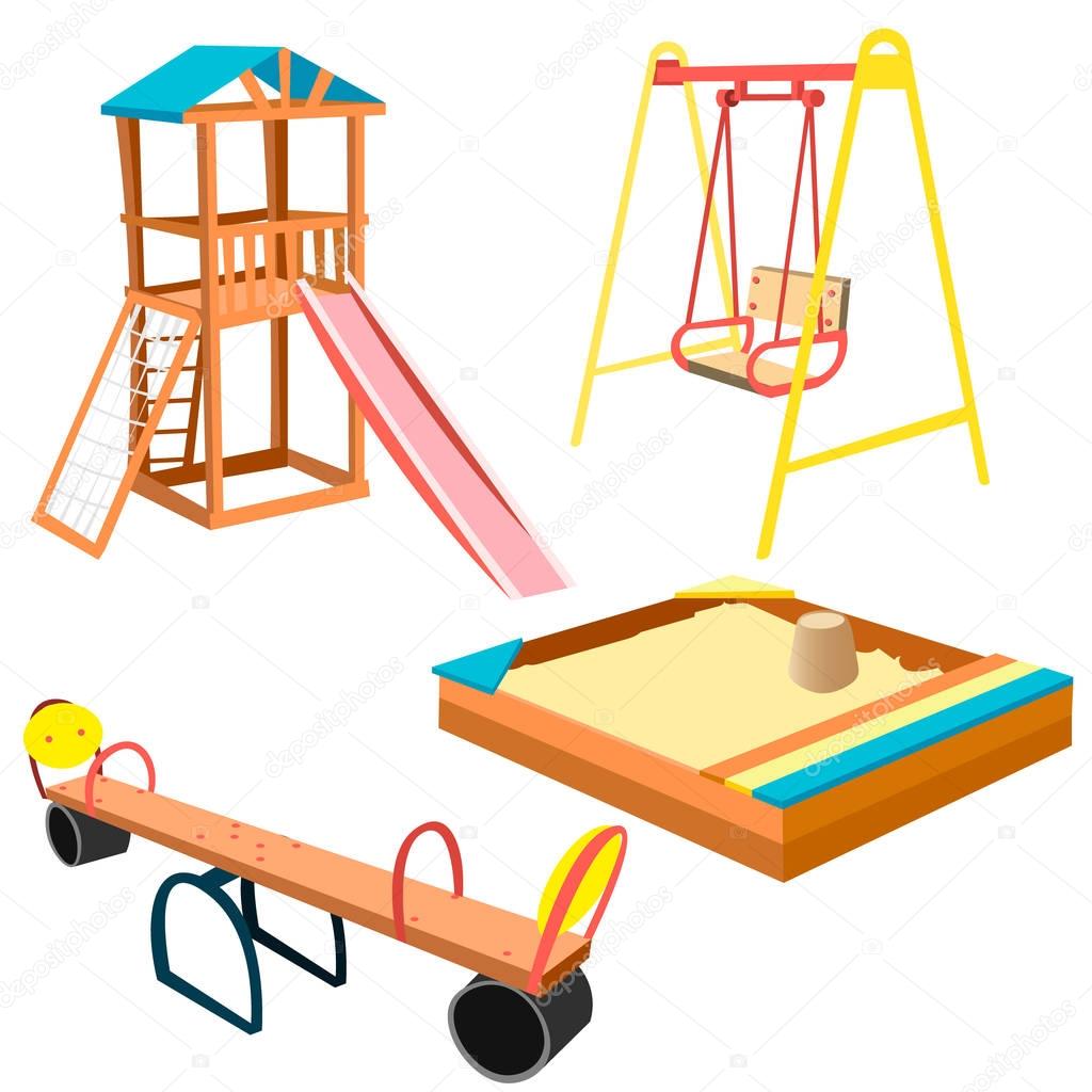 Kids playground equipment with swings and slides.
