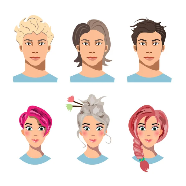 Set of men and women with different hair — Stock Vector