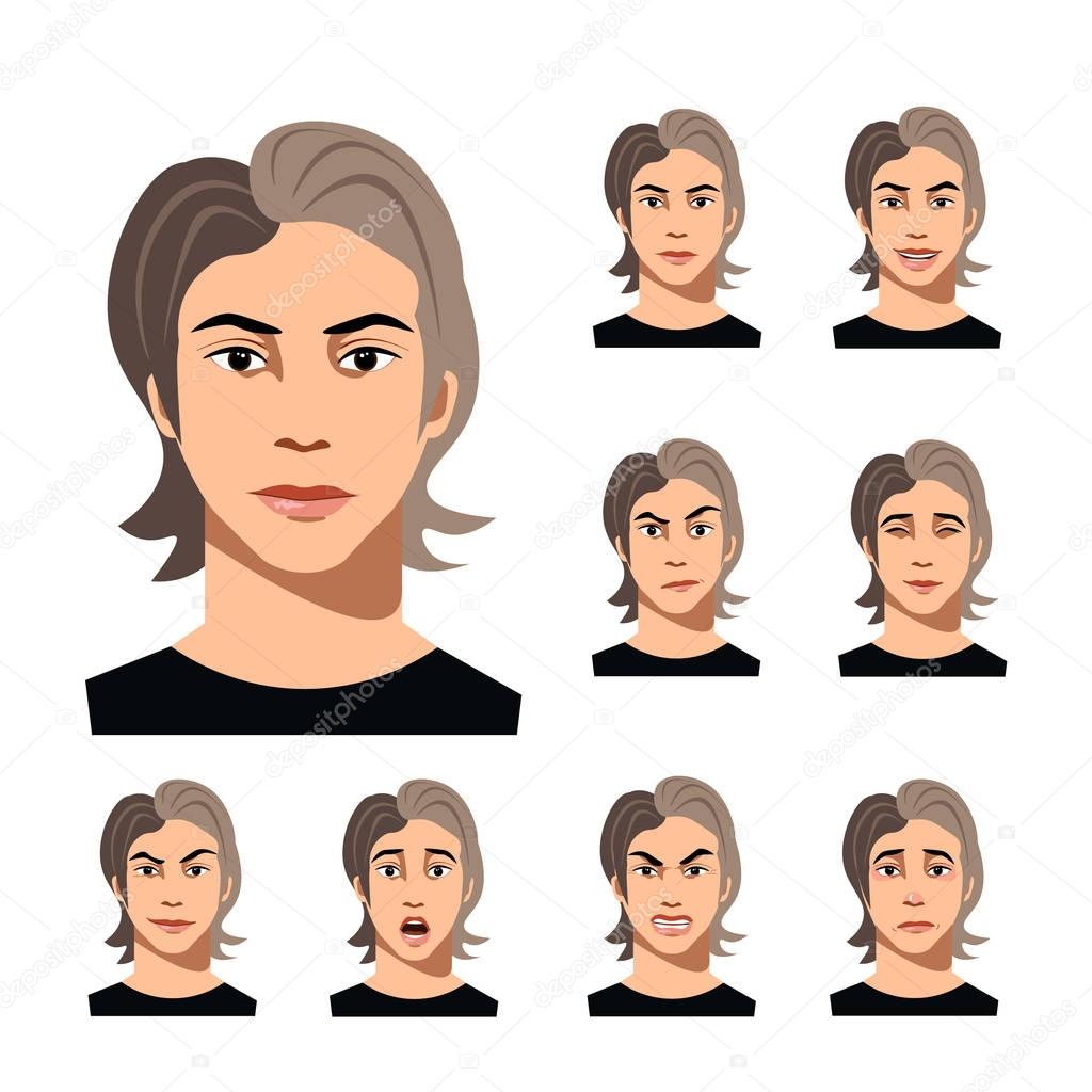 Set of a man faces different emotions