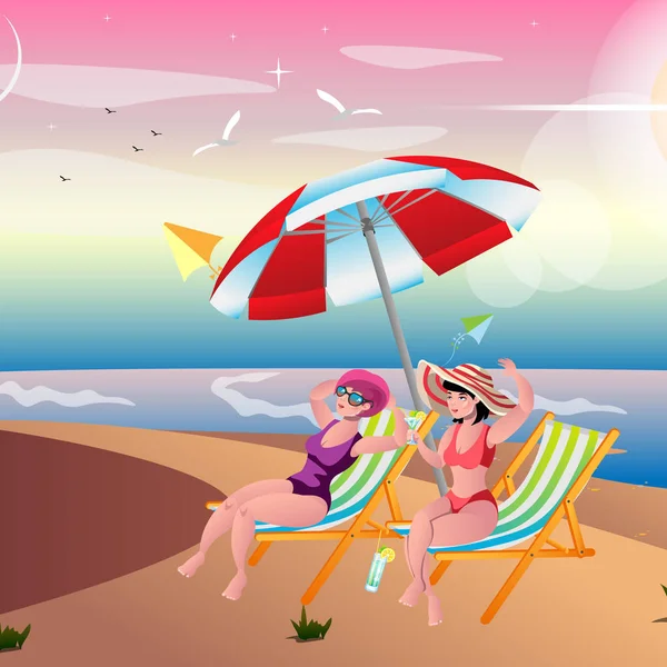 Due ragazze prendere il sole sulla spiaggia — Vettoriale Stock