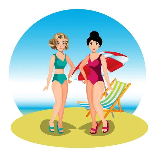 Two young women friends at beach — Stock Vector