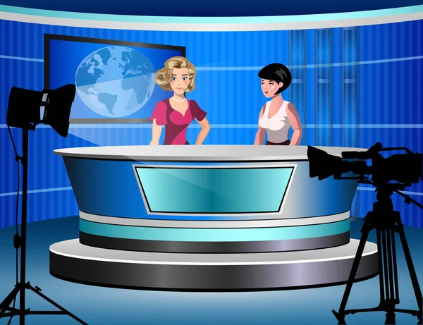 Dva žena zpráv televizní zpravodajství sedí ve studiu — Stockový vektor