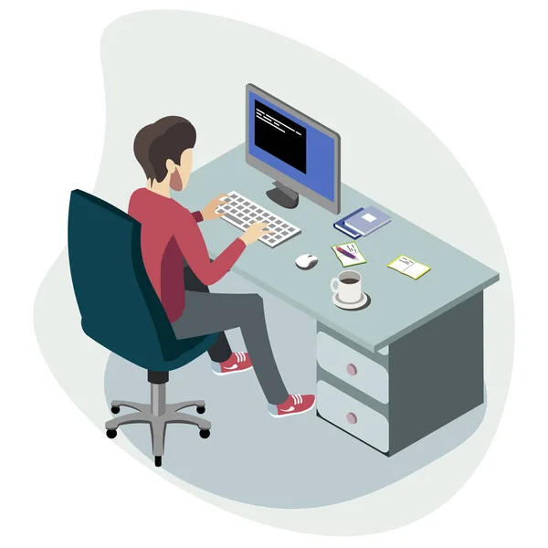 Empresario trabajando en la computadora isométrica . — Vector de stock