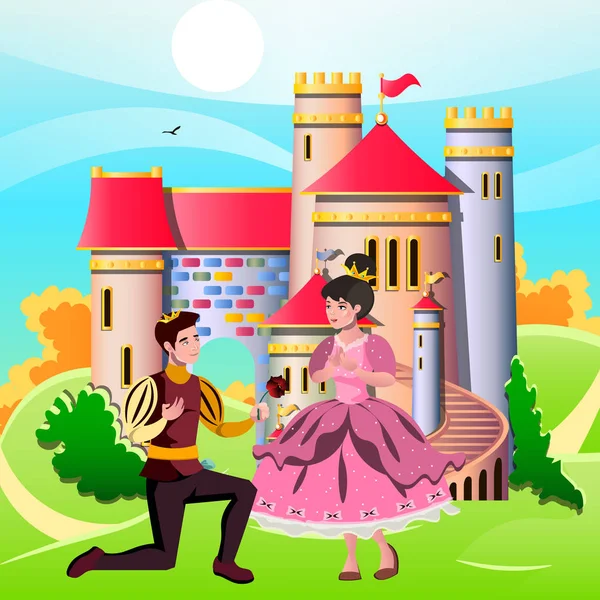 Принцеса і лицарі стоять перед замком — стоковий вектор