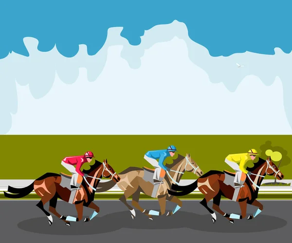 Tres caballos de carreras compitiendo entre sí . — Vector de stock