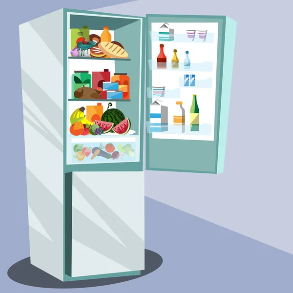 Buzdolabı lezzetli yiyeceklerle dolu.. — Stok Vektör