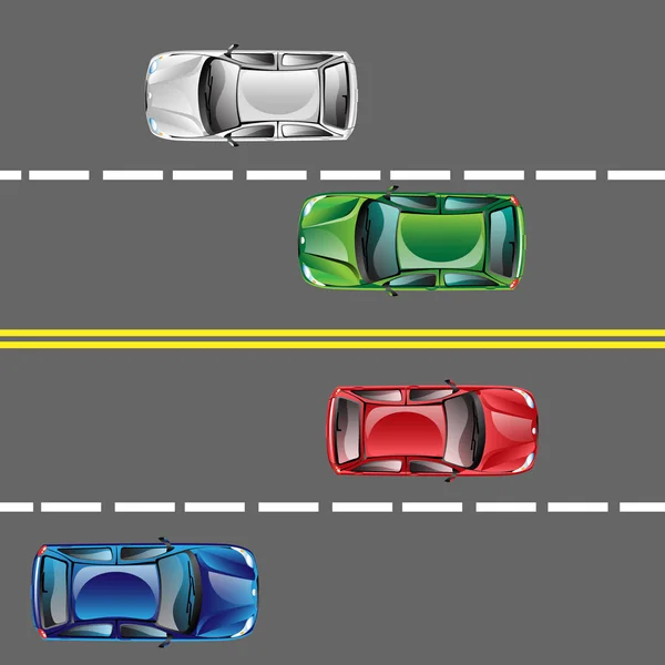 Το top view θέση διαφορετικά αυτοκίνητα στο δρόμο. — Διανυσματικό Αρχείο