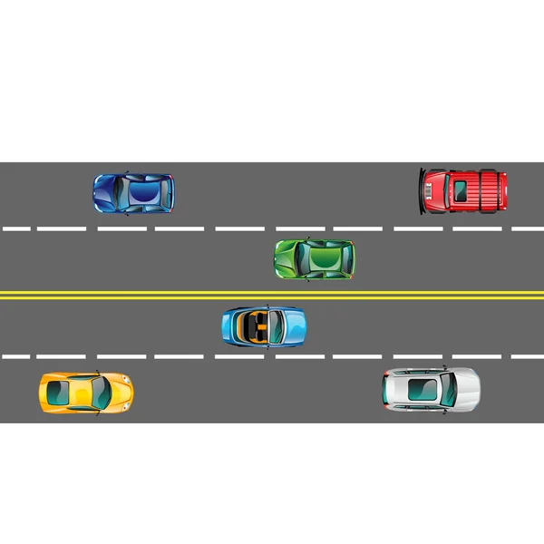 Vektorové ilustrace dálnice a pohyblivé automobily. — Stockový vektor