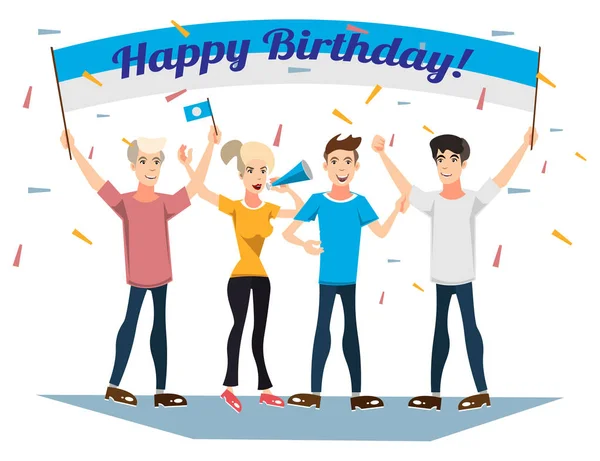 Fiesta de cumpleaños con jóvenes felices . — Vector de stock