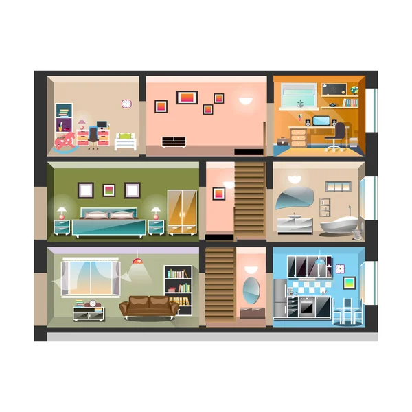 House cross section with room interiors — Stock Vector