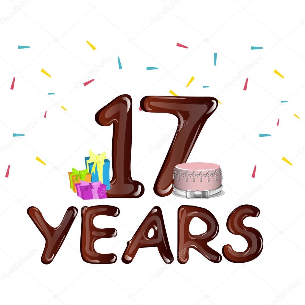 Seventeen Years Anniversary celebration card. 17th birthday vector illustration