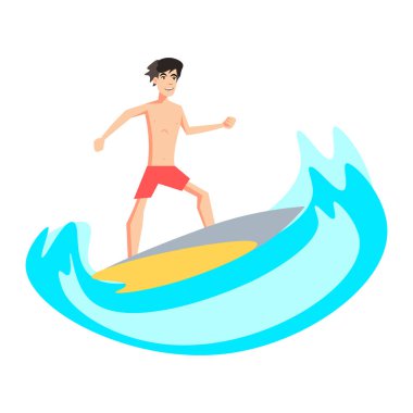 Sörfçü karakter ayakta ve okyanus dalgası üzerinde sürme surfboard ile.