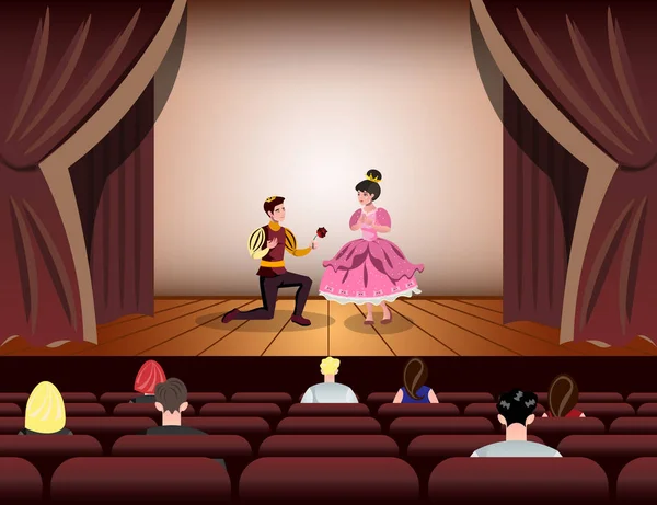 Acteurs de théâtre habillés comme un prince et une princesse sur scène — Image vectorielle