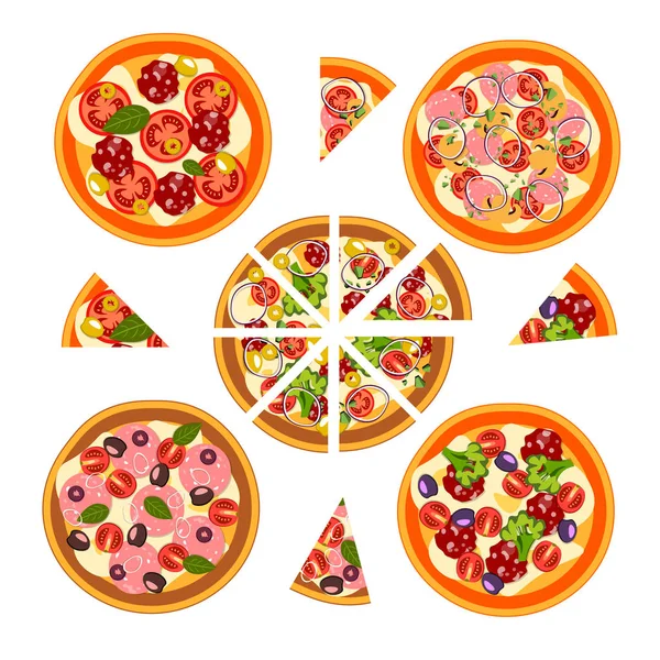 Set of pizza with different ingredients. — Stock Vector