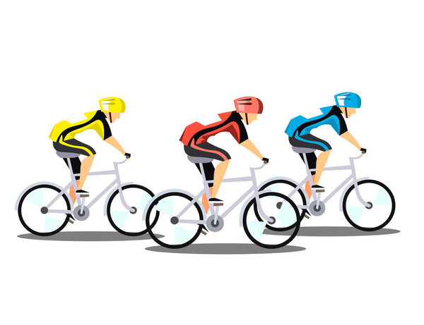 Racing three cyclists on white background