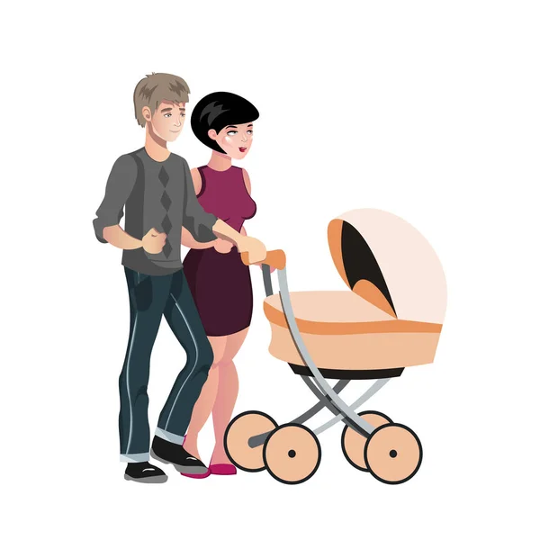 Junge Familie mit Baby im Kinderwagen — Stockvektor