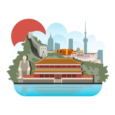 Çin seyahat mimarisiyle, geleneksel semboller. Vektör çizim