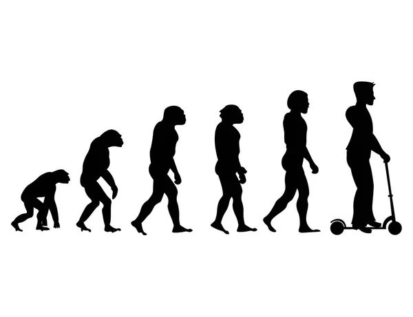Theory evolution of human. From monkey to man on scooter . — Stock Vector