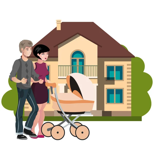 stock vector Young family outside in front new house