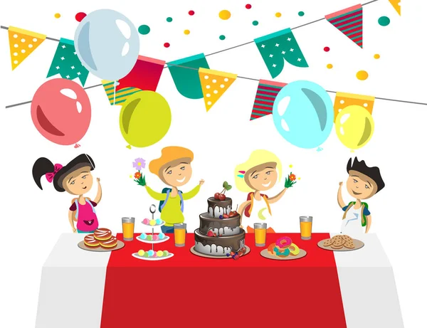 Cumpleaños de los niños con bolas y pastel — Vector de stock