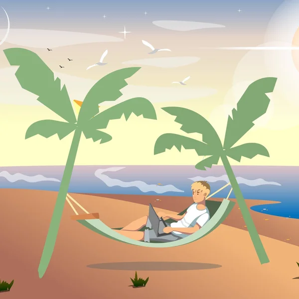 Hombre freelancer trabajando en el mar — Vector de stock