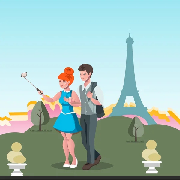 파리에서 젊은 부부 복용 selfie — 스톡 벡터