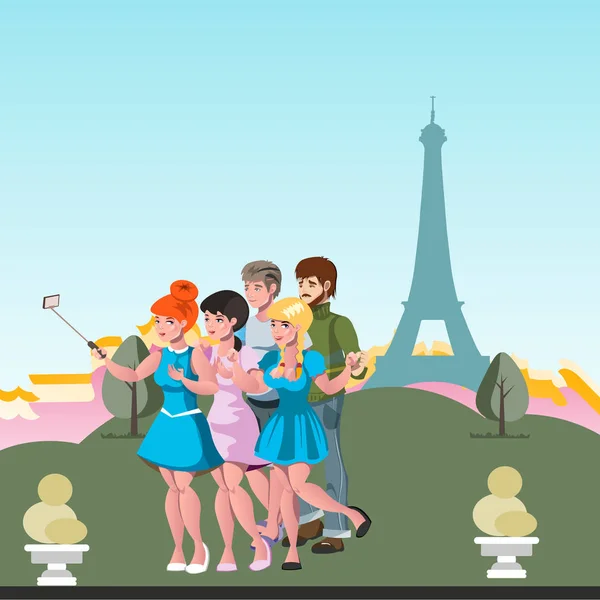 관광객 친구 게 에펠 탑에 의해 selfie — 스톡 벡터