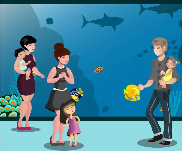 Persone in acquario con bambini che guardano i pesci — Vettoriale Stock