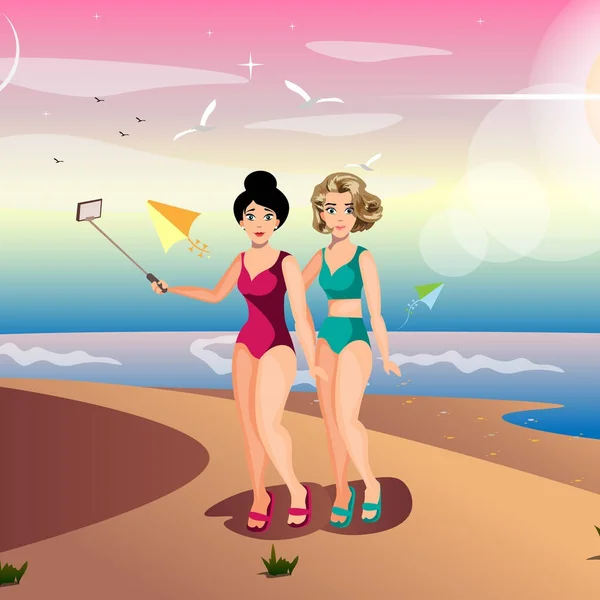 Deux filles parlent selfie sur la plage d'été — Image vectorielle