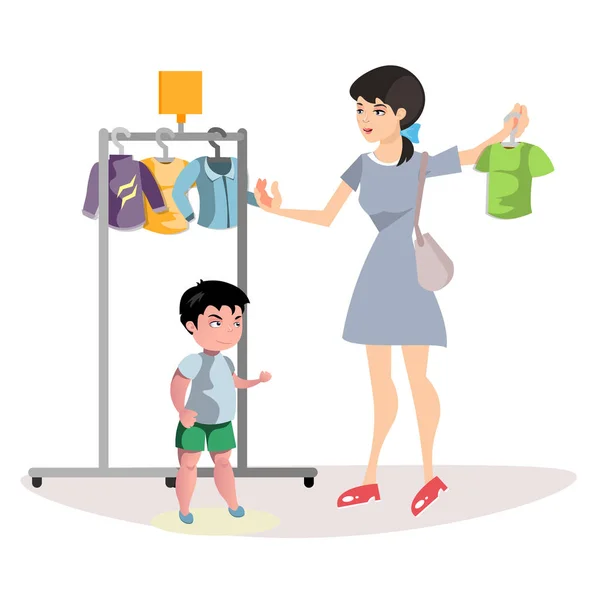Frau wählt Kleidung für ihren Sohn — Stockvektor