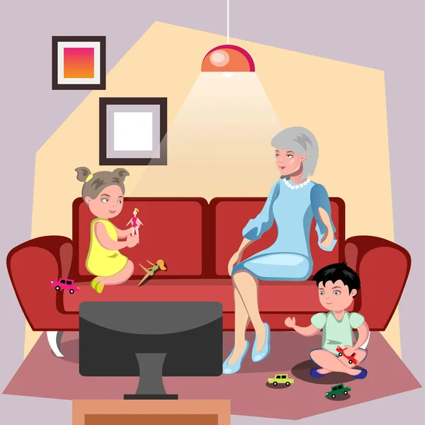 Бабушка сидит в кресле с внуками — стоковый вектор