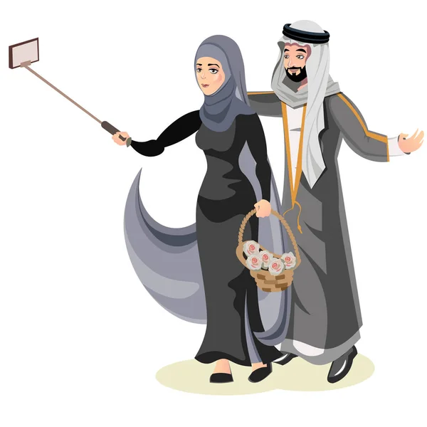 Selfie boldog muszlim Arab pár — Stock Vector