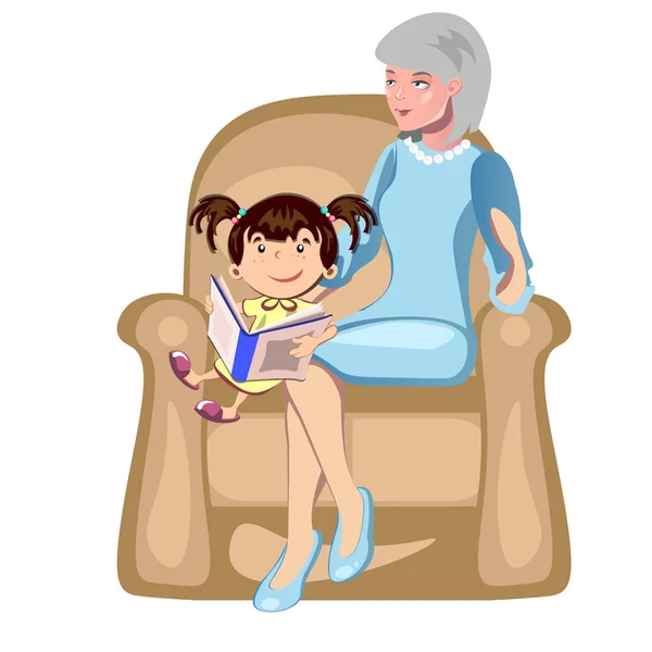 Ilustración de la niña con su abuela leyendo un libro — Vector de stock