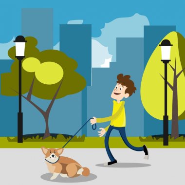 Adam bir köpek ile bir yolda.