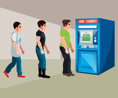 İnsanlar para çekme makinesi stand.
