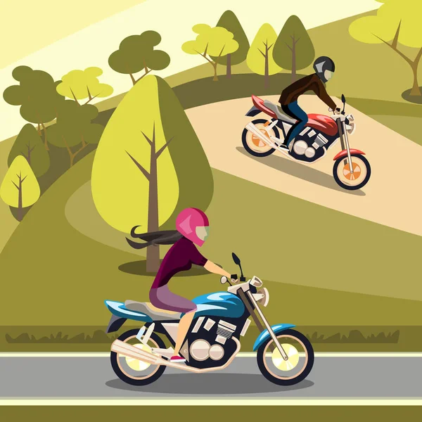 Hombre y mujer montados en sus motos . — Vector de stock