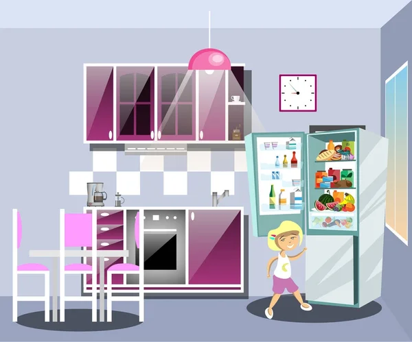 Chica cerca del refrigerador pensando qué comer . — Archivo Imágenes Vectoriales