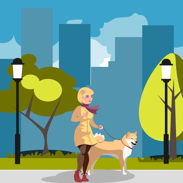 Jeune femme promenant un chien — Image vectorielle