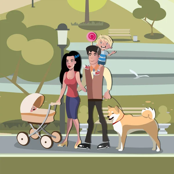 Familia joven con niño pequeño y bebé caminando en el parque — Vector de stock