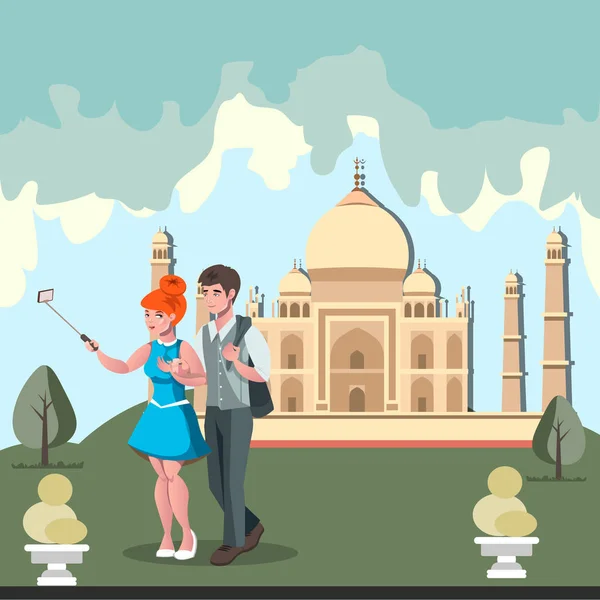 Viajar na Índia composição plana com jovem casal turístico —  Vetores de Stock