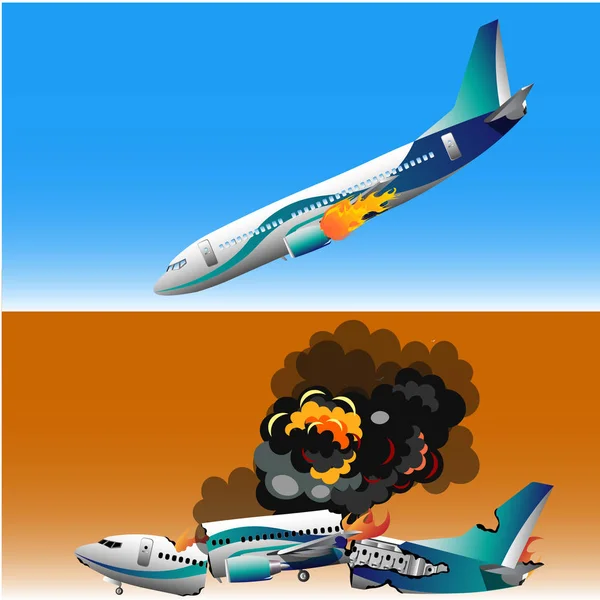 Choque de avión con fuego — Vector de stock