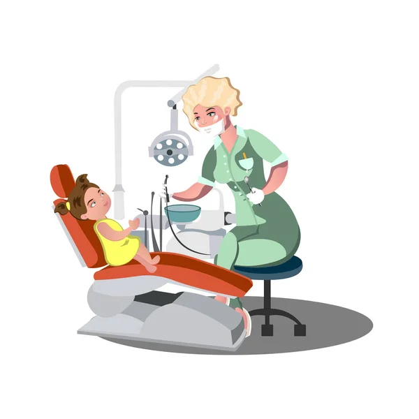 Anak gadis di kursi dokter gigi dengan sakit gigi . - Stok Vektor