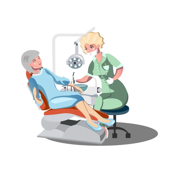 Cute old lady at the dentist — Stock Vector