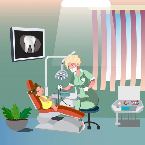 Стоматолог І Мила Дівчина На Стоматологічний Стілець — стоковий вектор