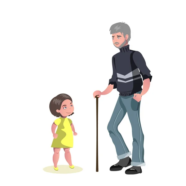 小さな女の子と歩いて老人文字 — ストックベクタ