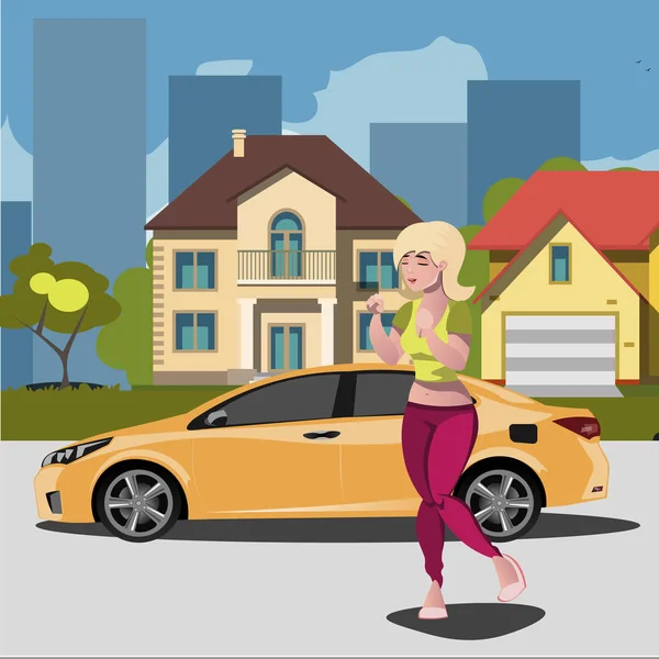 Mujer joven en ciity con coche nuevo . — Vector de stock