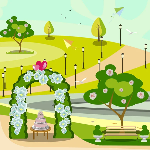 Arco de boda de jardín en parque — Vector de stock